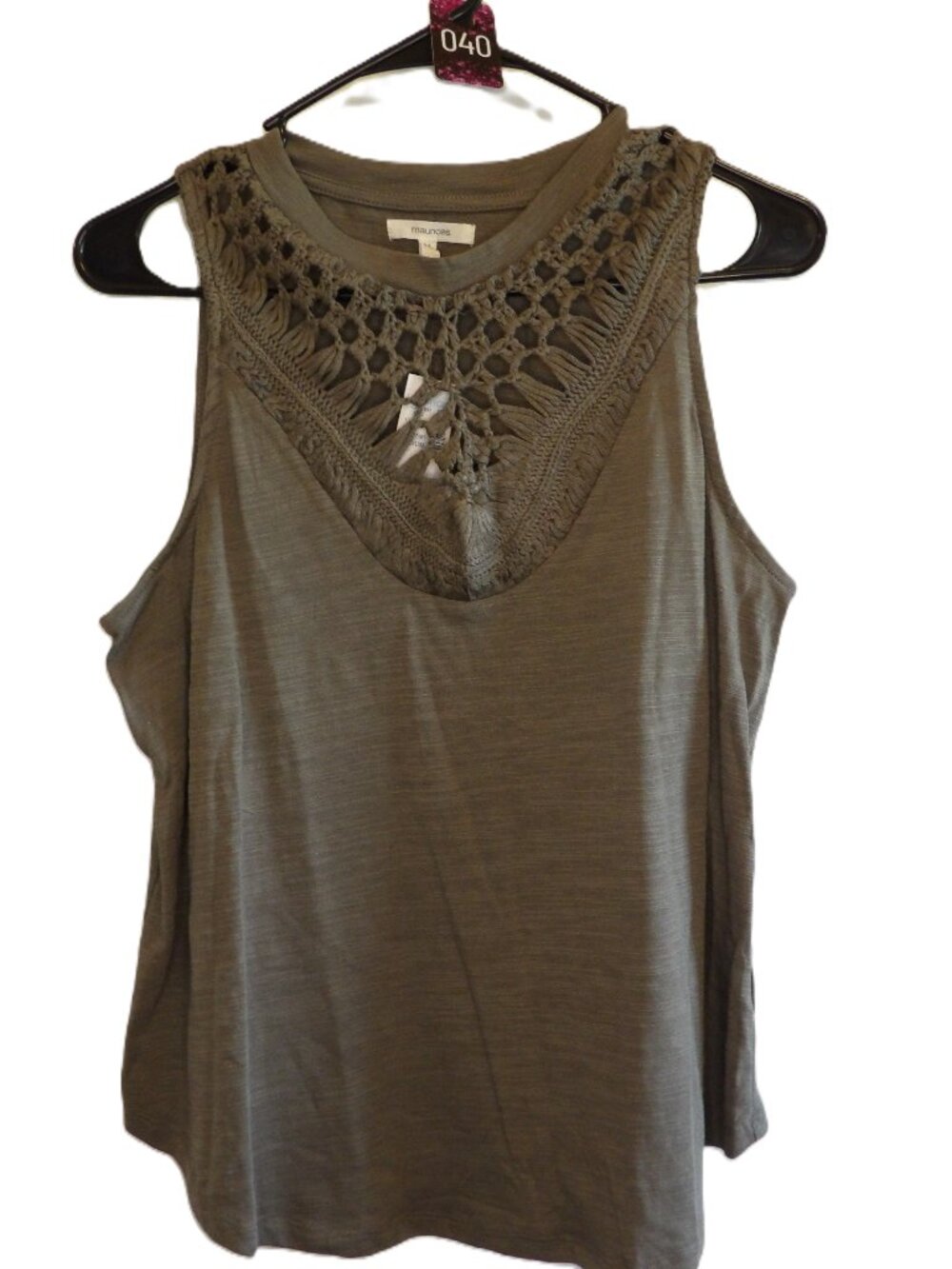 Maurices, NWT Olive Green crocheted neckline tank top (Women's Medium)